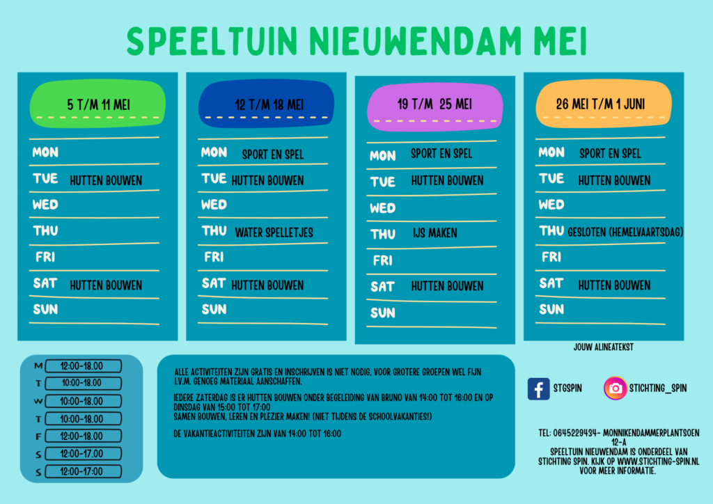 maandplanner nieuwendam Mei Stichting Spin Stichting Spin